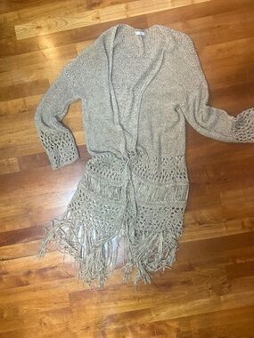 Zara Knit Taupe Duster with Fringe Size Medium
